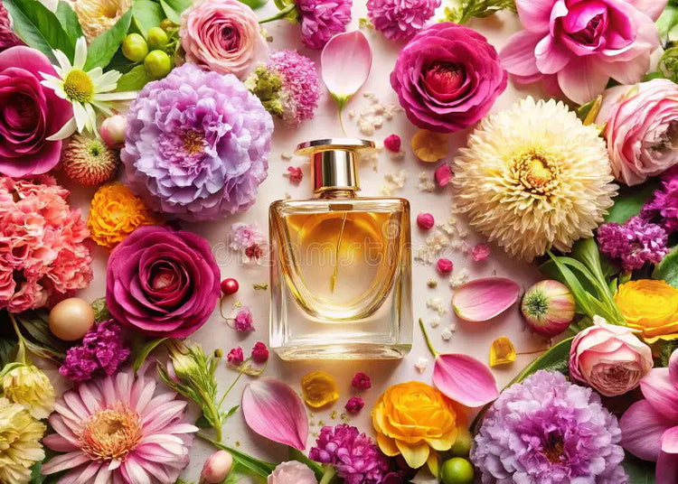 Luxury floral perfumes beautifully displayed among vibrant flowers, showcasing enchanting scents for every occasion