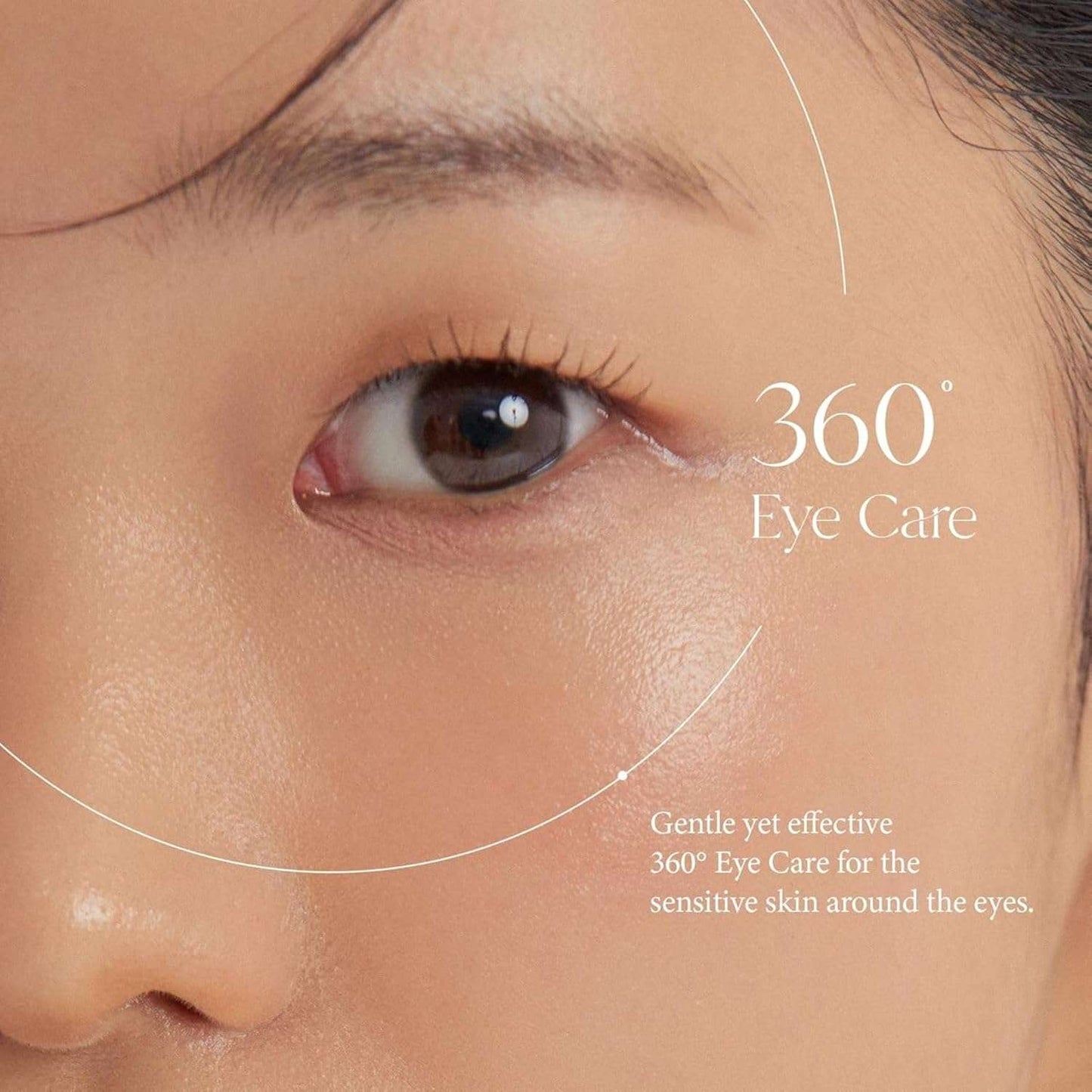 Close-up of an eye demonstrating the AXIS-Y eye serum benefits with a gentle 360-degree eye care approach for sensitive skin.