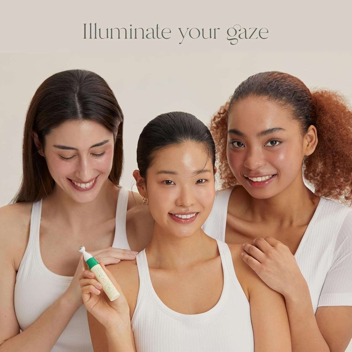Three women showcasing AXIS-Y Vegan Collagen Eye Serum, highlighting AXIS-Y eye serum benefits for radiant skin.