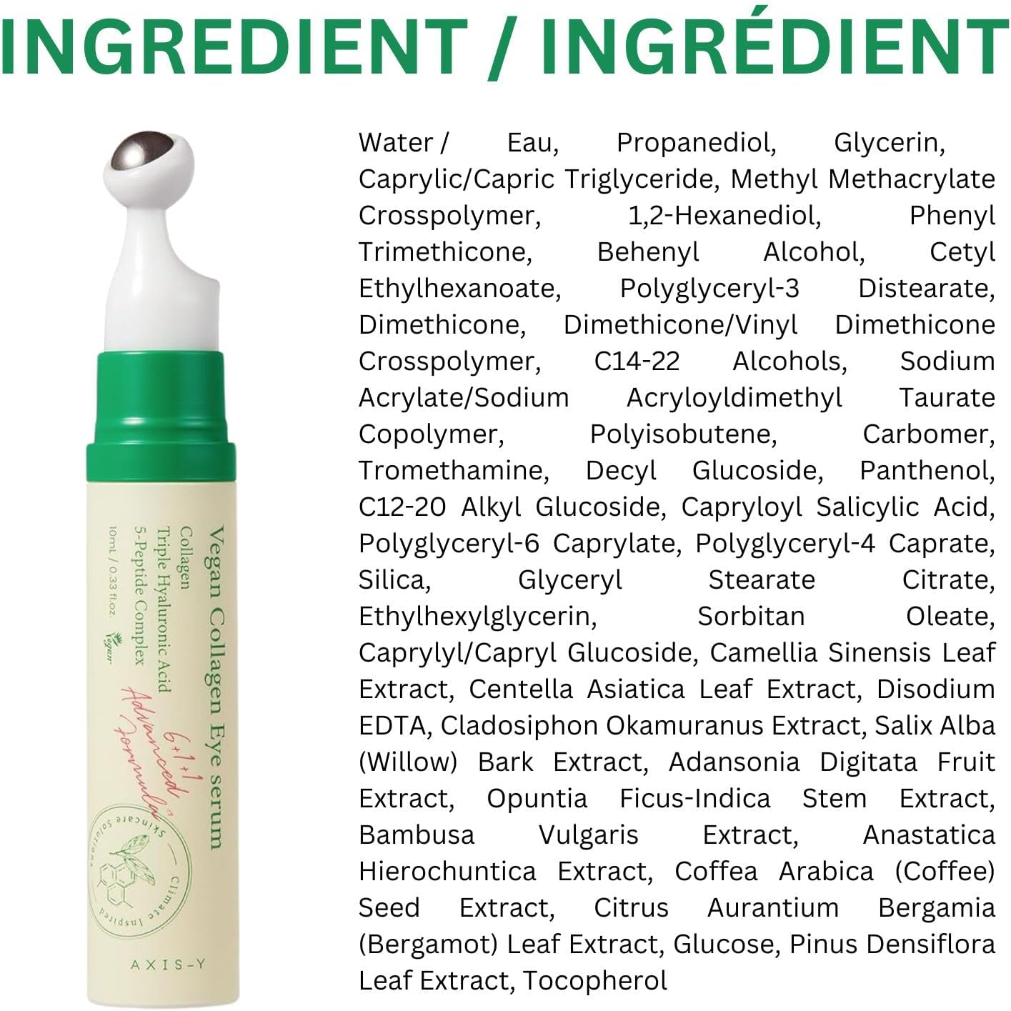 AXIS-Y Vegan Collagen Eye Serum in a sleek 10ml bottle, highlighting AXIS-Y eye serum benefits for hydrated and youthful skin.