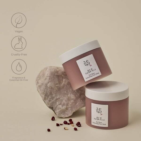 Beauty of Joseon skincare Red Bean Paste Mask jars on a neutral background, vegan and cruelty-free