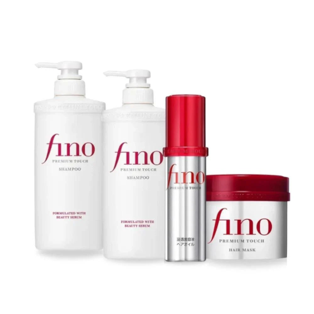 Fino premium hair care collection featuring shampoo, treatment, serum, and hair mask for nourishing locks