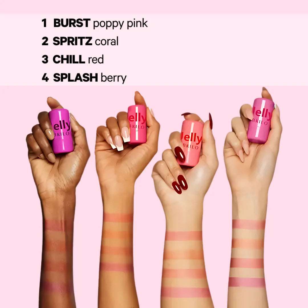 4 piece jelly tint collection featuring BURST, SPRITZ, CHILL, and SPLASH shades swatched on hands