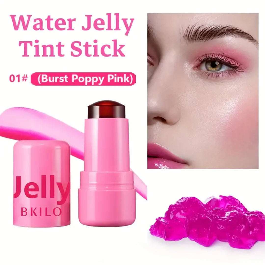 Pinky Cosmetics 4 piece jelly tint collection featuring a vibrant Bursts Poppy Pink tint stick and jelly texture for a luminous finish.