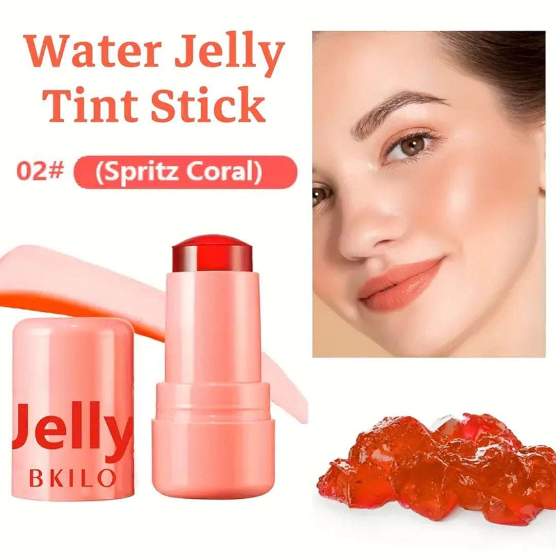 4 piece jelly tint collection featuring a coral tint stick and a model showcasing a natural glow with stunning makeup