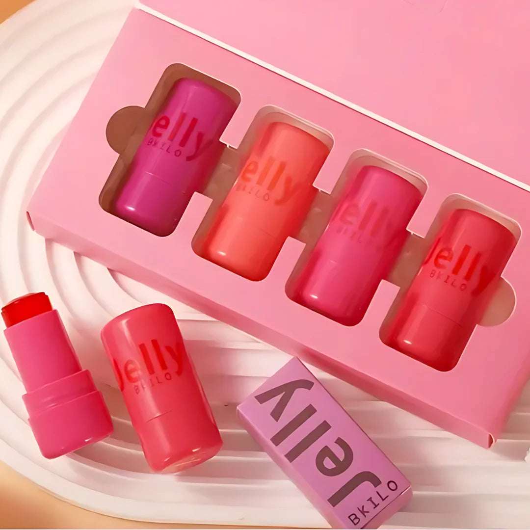 4 piece jelly tint collection in a pink box featuring shades of pink and coral for vibrant, hydrating lips