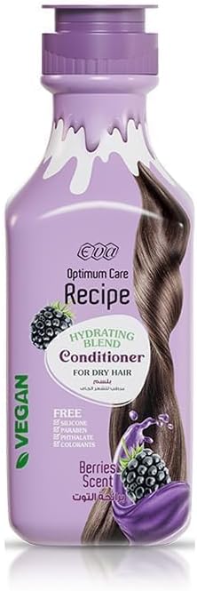 Eva Optimum Care conditioner berries scent in a sleek purple bottle, formulated for hydrating dry hair with a delightful berry fragrance