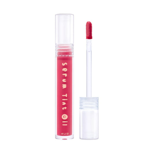 4U2 Serum Tint Oil Lip in classic pink shade, featuring a convenient applicator for smooth application and vibrant color
