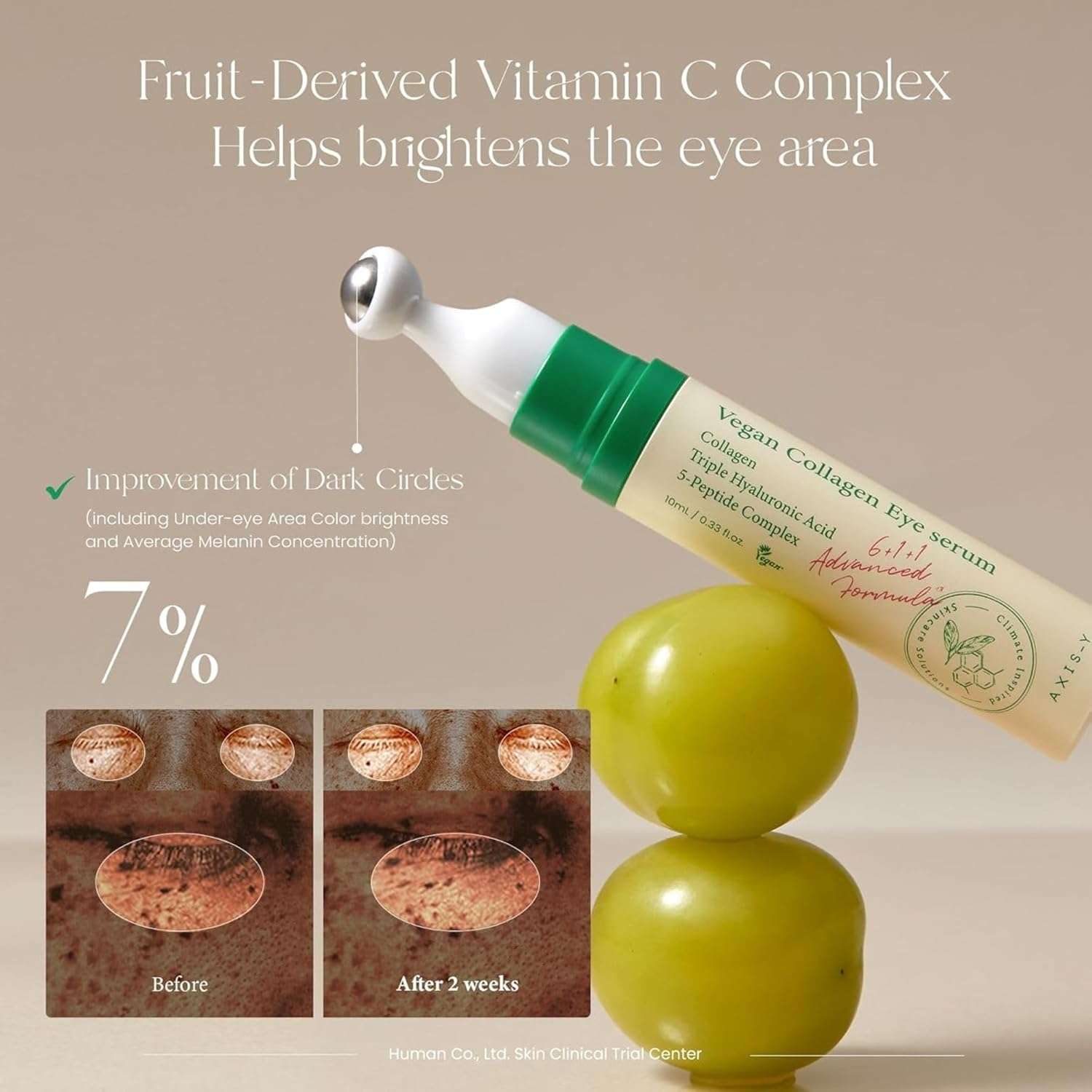 AXIS-Y Vegan Collagen Eye Serum in a green bottle with a cooling applicator visibly reduces dark circles and enhances brightening, showcasing AXIS-Y eye serum benefits.