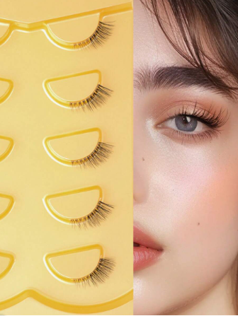5 Pairs Wispy Catseye Natural Short Faux Mink Eyelashes With Invisible Transparent Band Lashes Makeup Cosmetics