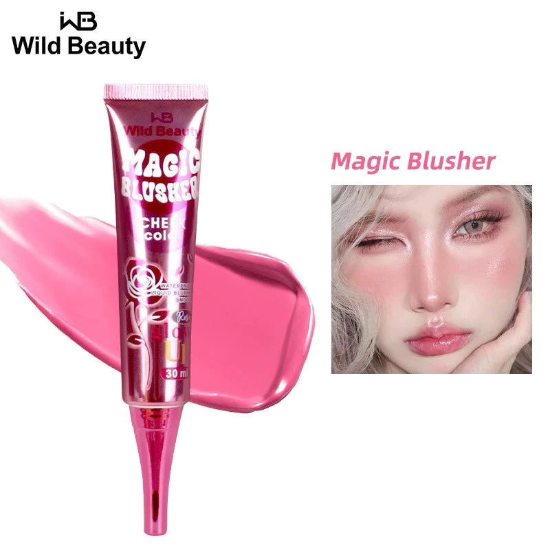 Wild Beauty Magic blusher for face in liquid form, showcasing a pink tube and swatch, designed for color change and long-lasting wear.
