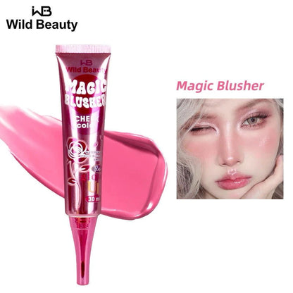 Wild Beauty Magic blusher for face in liquid form, showcasing a pink tube and swatch, designed for color change and long-lasting wear.