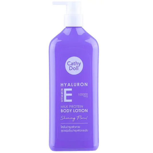 Cathy Doll Hyaluron Vitamin E Skin Moisturizer Milk Protein Body Lotion in purple bottle with pump