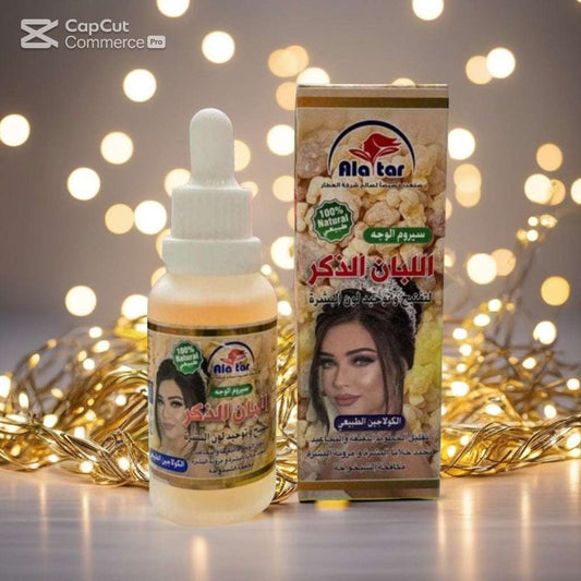 Ala Tar Frankincense Face Serum in a 30ml bottle with a dropper, displayed with its packaging, ideal for natural collagen boosting.
