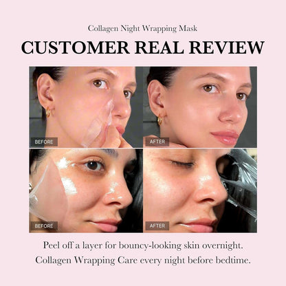 Before and after customer review of Medicube collagen peel off mask for bouncy-looking skin overnight