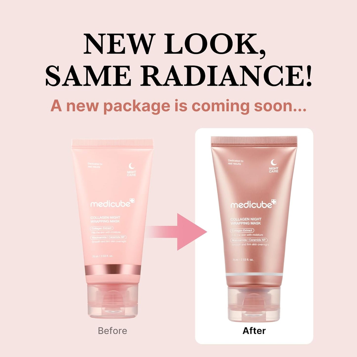 Medicube collagen peel off mask in new packaging, showcasing before and after designs