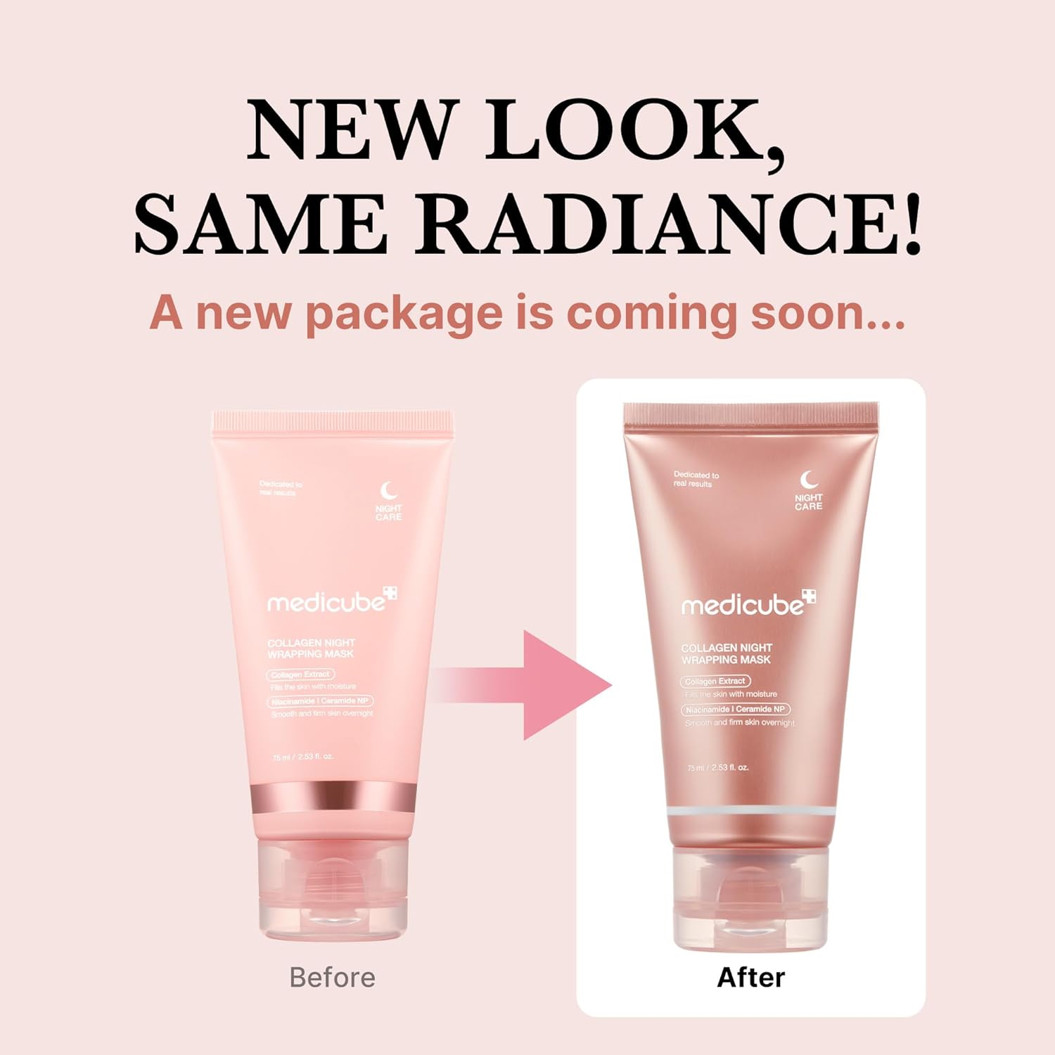 Medicube collagen peel off mask in new packaging, showcasing before and after designs