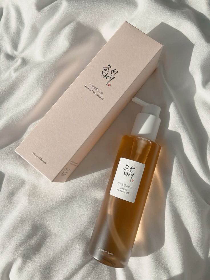 Beauty of Joseon ginseng cleansing oil in a glass bottle with a pump dispenser and elegant packaging