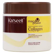 Karseel Collagen Hair Mask for repairing damaged hair with maca essence, highlighted in a white jar