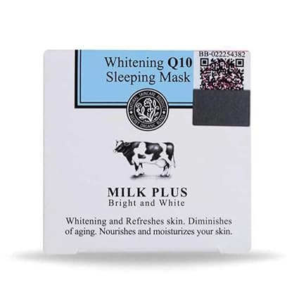 Milk Plus Q10 sleeping mask in a white packaging for skin whitening and hydration, by Pinky Cosmetics