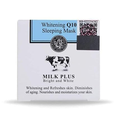 Milk Plus Q10 sleeping mask in a white packaging for skin whitening and hydration, by Pinky Cosmetics