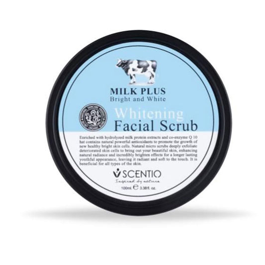 Scentio Milk Plus Facial Scrub in a jar with hydrobioid milk extracts for brightening skin