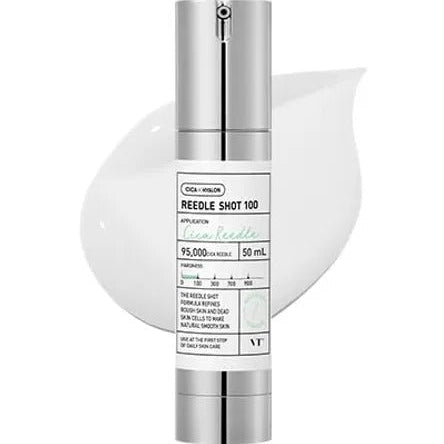 VT Cosmetics Reedle Shot 100 review featuring a skin care booster in a sleek silver pump bottle