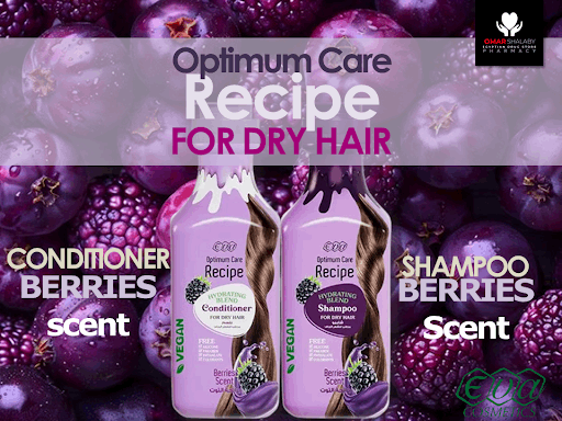 Eva Optimum Care shampoo and conditioner set in berry scent for dry hair, featuring vegan formula packaging